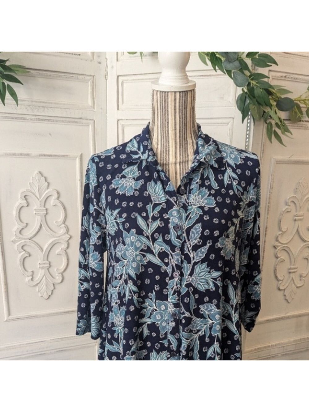Floral Collared Shirt Dress Travelers Wrinkle Free Slinky Button Down Bluesy